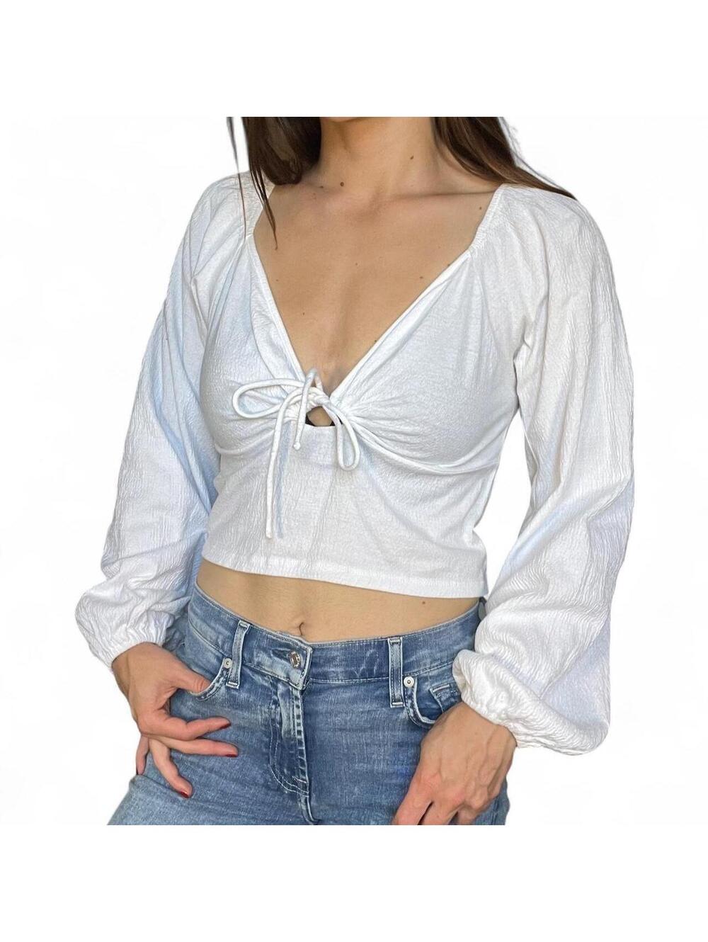 O'Neill White Ruched Tie Front Long Sleeve Crop Top Size Small